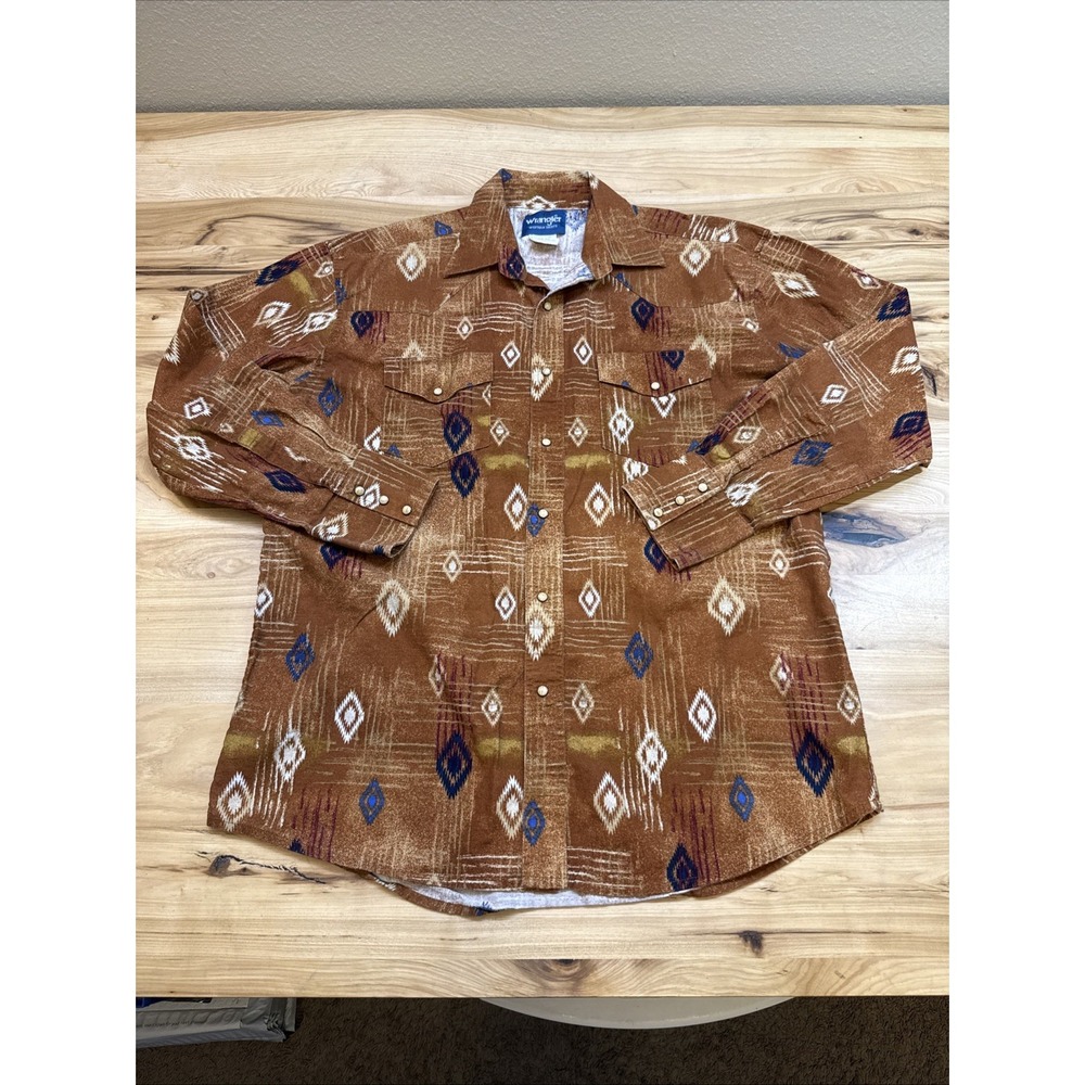 Orange Diamond Aztec Wrangler Western Long Sleeve Button Up Shirt Men Size Large